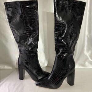 Black Croc-Embossed High Heel Knee-High Boots Women’s Size 8 Stylish & Sleek Des